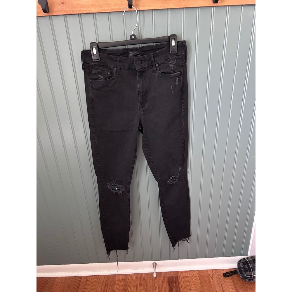 Mother Denim Black Distressed High Rise‎ Skinny Jeans Raw Hem Size 29